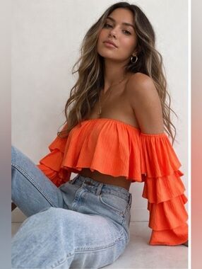 Pretty Little Thing | Off-Shoulder Ruffled Crop Top in Bright Orange, Size 6